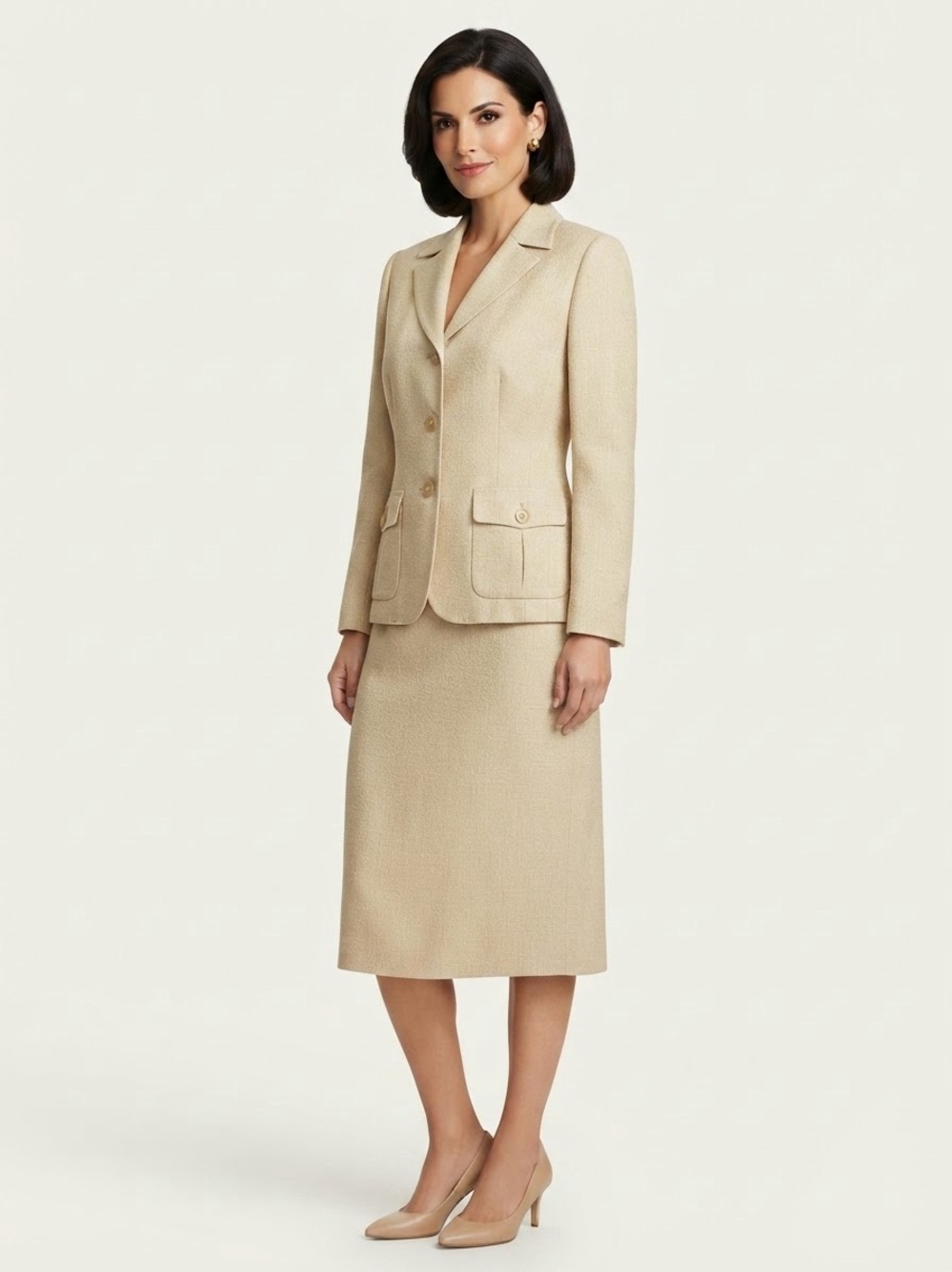 Le Suit Beige 3-Button Textured Blazer & Midi Pencil Skirt Suit Set Size 10